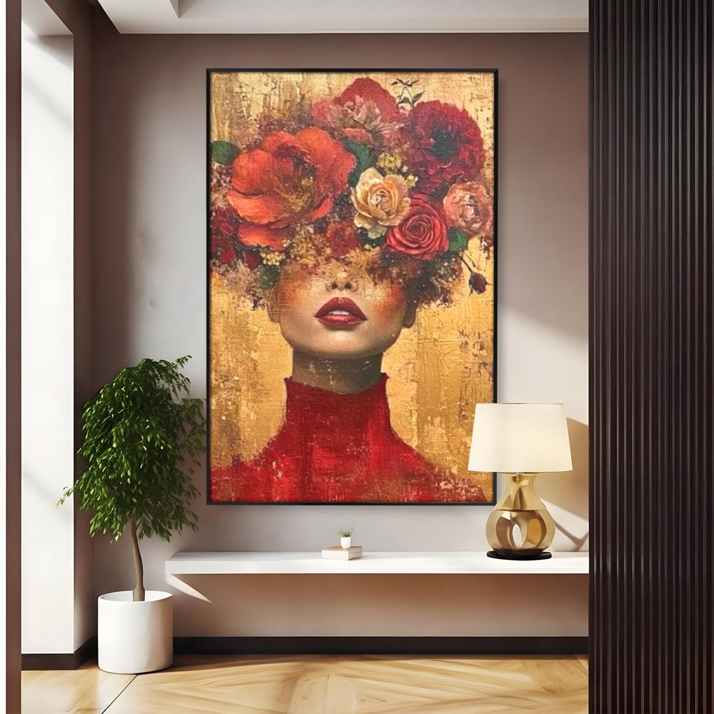 Tablou canvas cu tablou canvas cu portret de femeie si flori, in rama de aluminiu negru